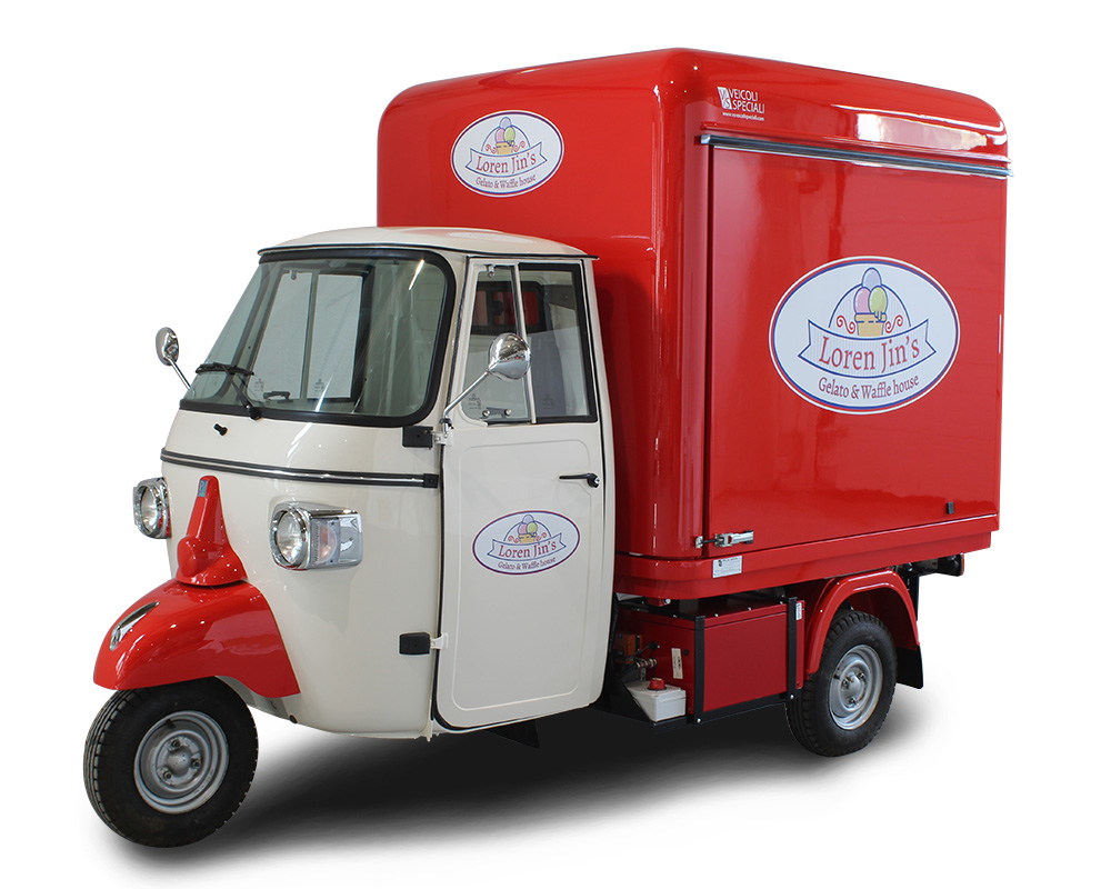 Red compact Ice Cream Truck built for loren jin's gelato & waffle