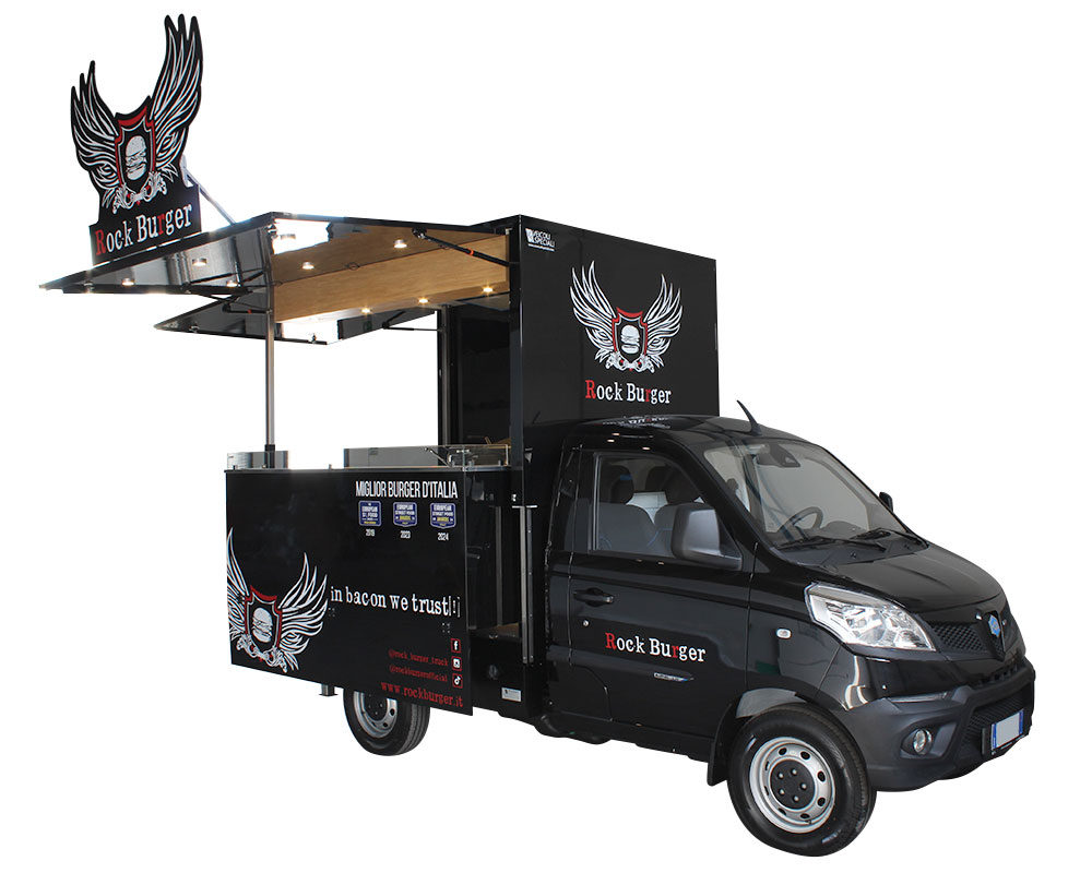 hamburger truck realizzato su piaggio porter rock burger, attrezzato con 1 friggitrice a gas con una vasca da 8lt, 2 piastre lisce a gas da 40 cm e un frigorifero