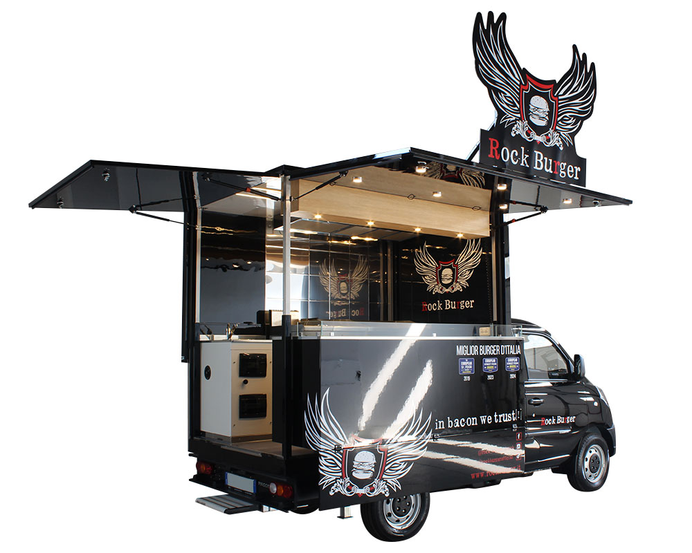 hamburger food truck costruito su un Piaggio Porter per rock burger