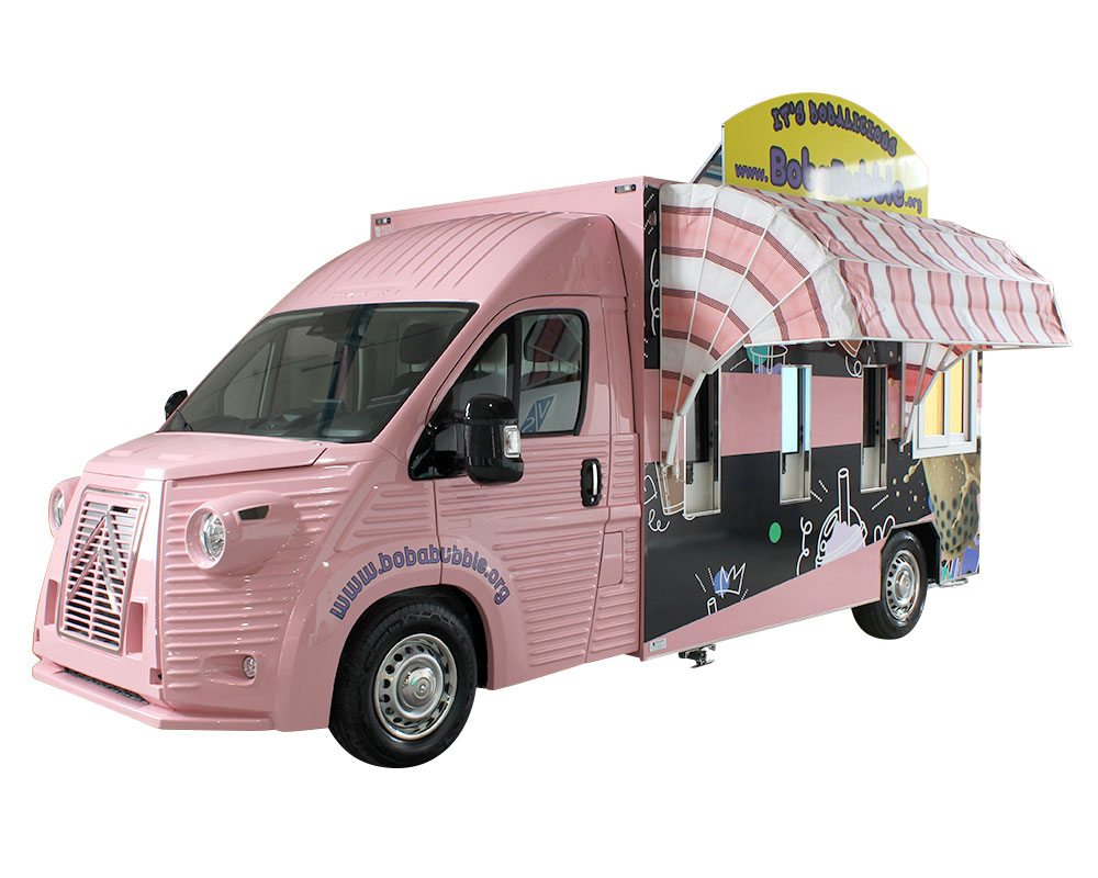 drink truck bobabubble per vendita bubble tea, dotato di 3 postazioni monitor di pagamento per servizio veloce e automatizzato