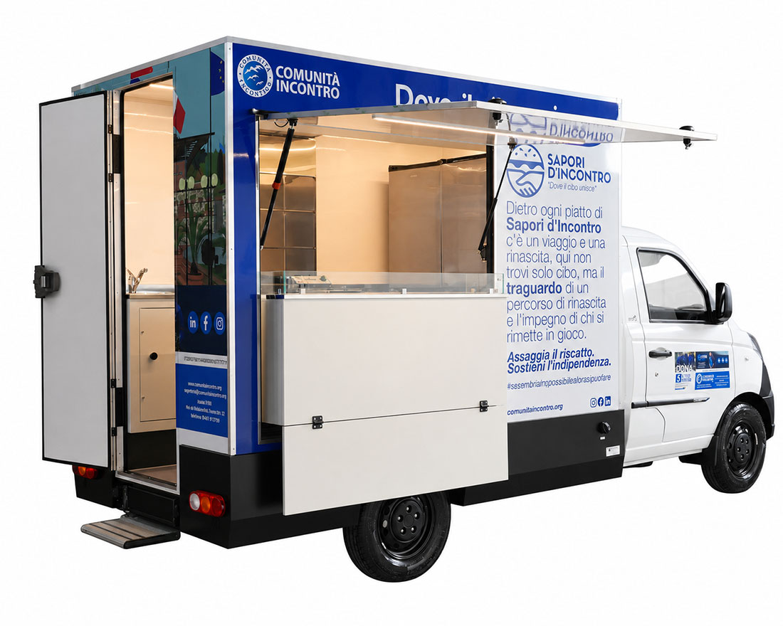 food truck friggitoria su porter fx attrezzato per la cucina street food e il riscatto sociale e lavorativo di persone con dipendenze e disagio sociale