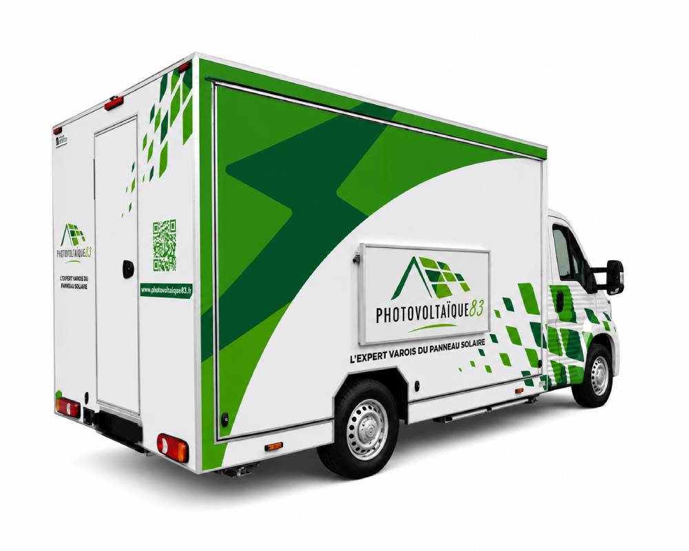 showroom mobile chiamato solar truck da photovoltaique 83 e usato come veicolo promozionale e informativo per aziende e privati interessati ai pannelli solari