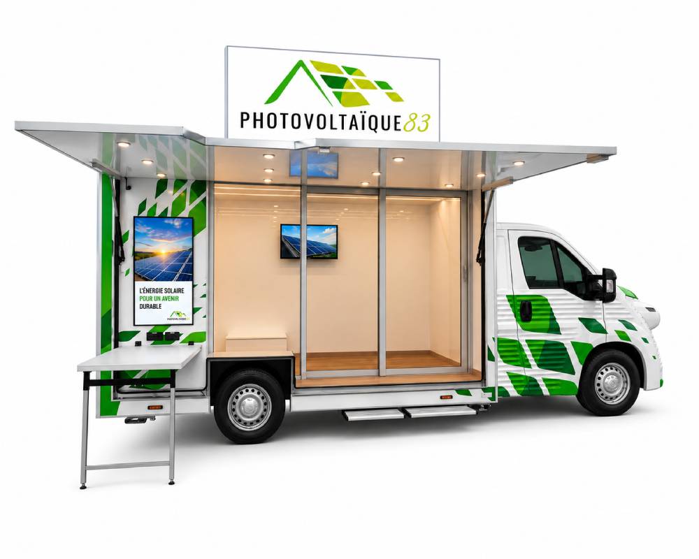 truck convertito in showroom mobile per photovoltaique 83 usato per promuovere l'installazione di pannelli fotovoltaici